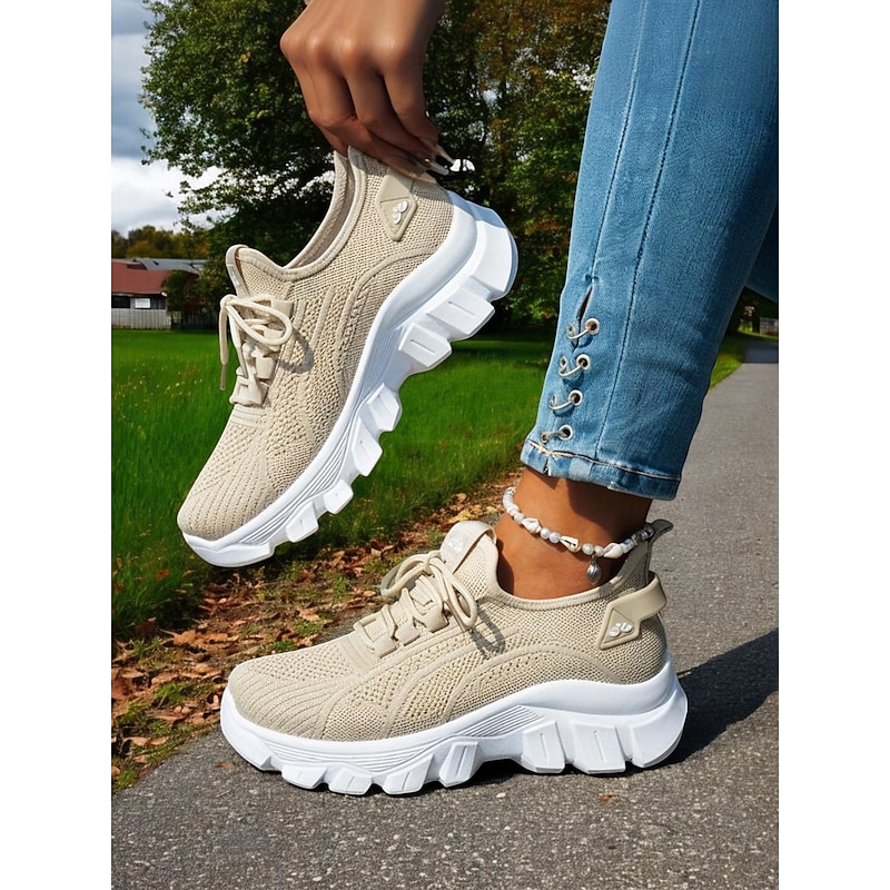 Women's Bright Orange Flyknit Running Sneakers – Breathable Lace-Up Walking Shoes for Fitness, Travel and Daily Errands