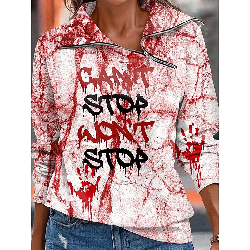 Halloween Women's Zip Up Sweatshirts Bloodstain Graphic Fashion Casual Long Sleeve High Neck Regular Tops Street Dailywear Zipper Print Maroon Black Wine Red Red White Spring Fall Winter3