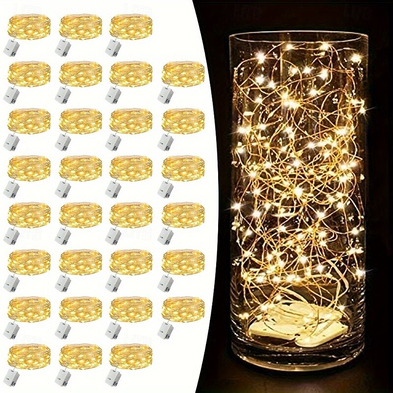 30 Pcs 2M/7FT 20 LED Beams Fairy String Lights Halloween Christmas Valentine's Day Wedding Party Indoor and Outdoor Atmosphere Decoration Lights DIY Gift Decoration Copper Wire Light String LR44 * 32