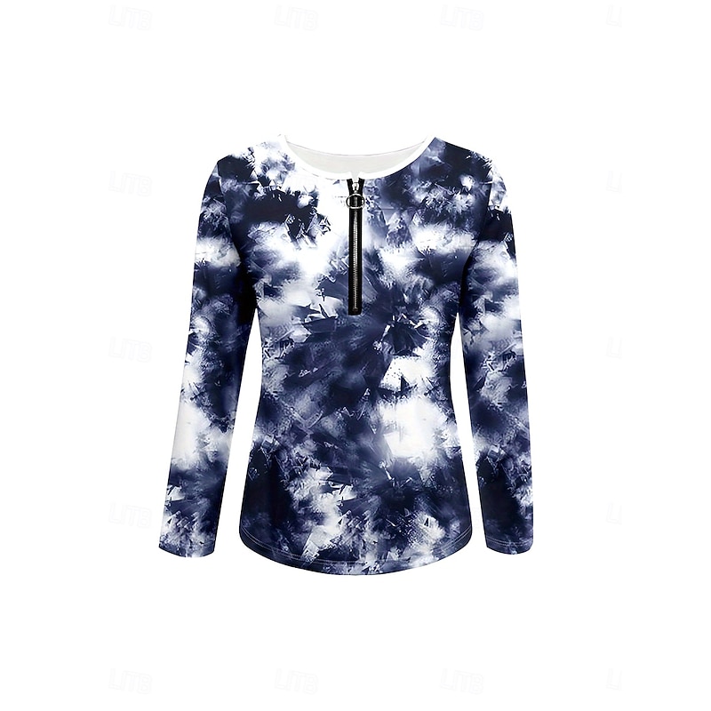 Women's T Shirt Graphic Tie Dye Abstract Elegant Vintage Stylish Long Sleeve V Neck Round Neck Notched Neck Regular Tops Daily Weekend Zipper Print Dusty Blue Spring Fall Winter2