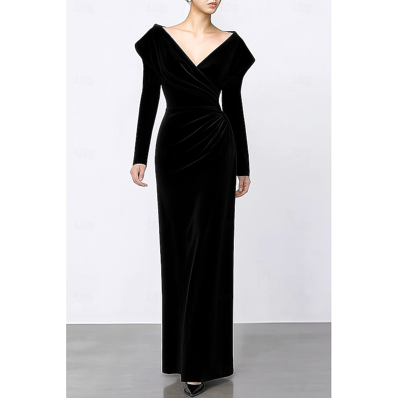 Blue Black Column Evening Gown Elegant Dress Formal Wedding Floor Length Long Sleeve V Neck Velvet with Pleats Ruffles 20254