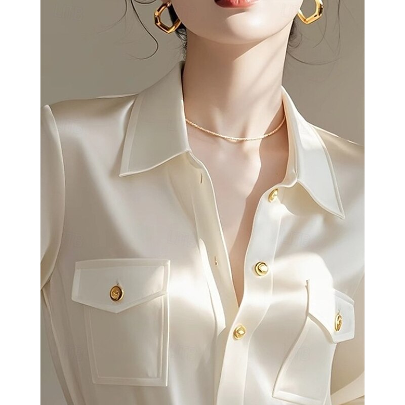 Women's Shirt Blouse Plain Active Stylish Long Sleeve Shirt Collar Regular Tops Work Going out Formal Wear Pocket Buttons Beige Fall2