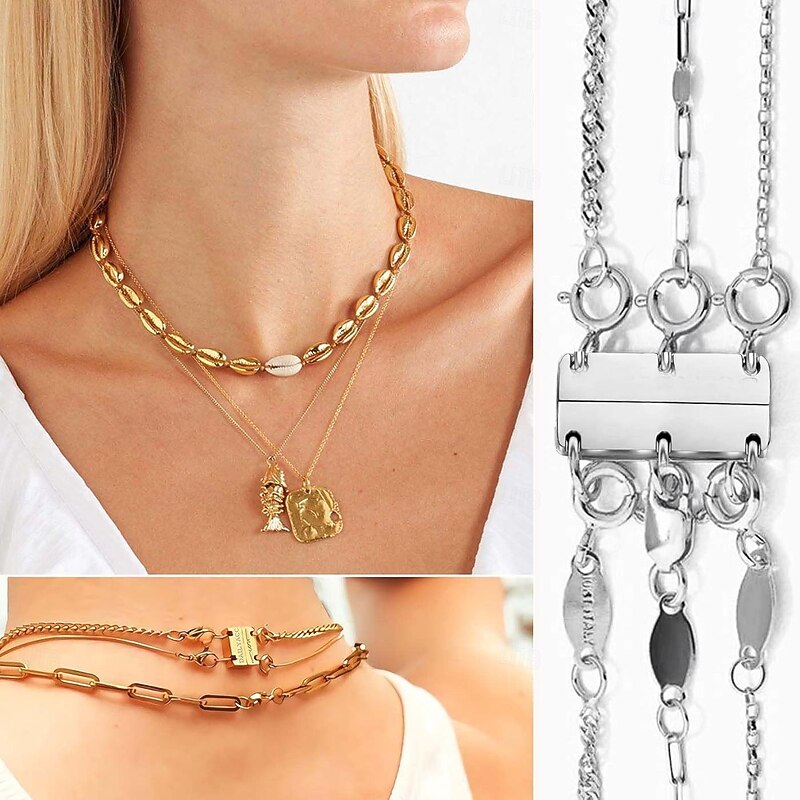 4pcs Necklace Layering Clasp - 18K Gold Separator for Layering, Magnetic Multiple Clasps and Closures for Women Chain Extender4