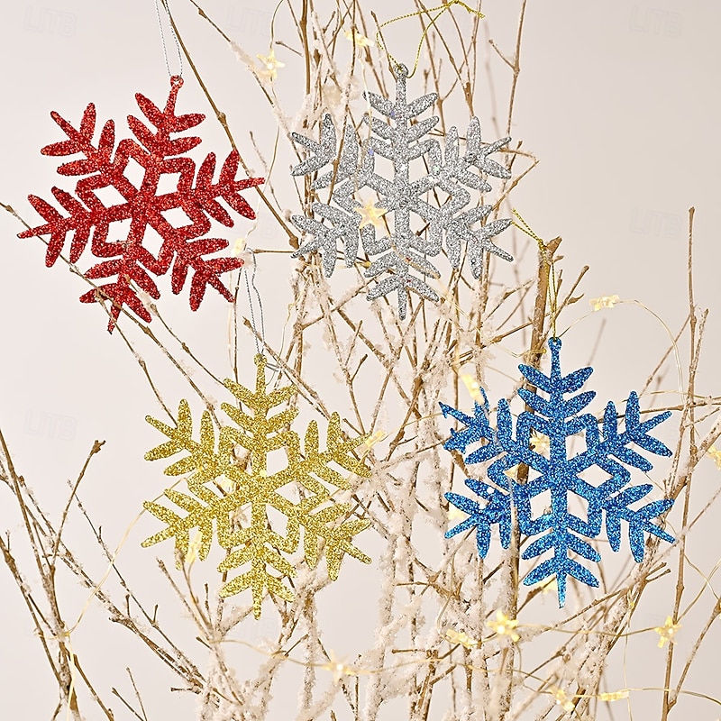 4pcs Christmas Snowflake Hanging Ornaments, Glitter Snowflake Decorations for Tree, 4 Colors, Holiday Scene Decor