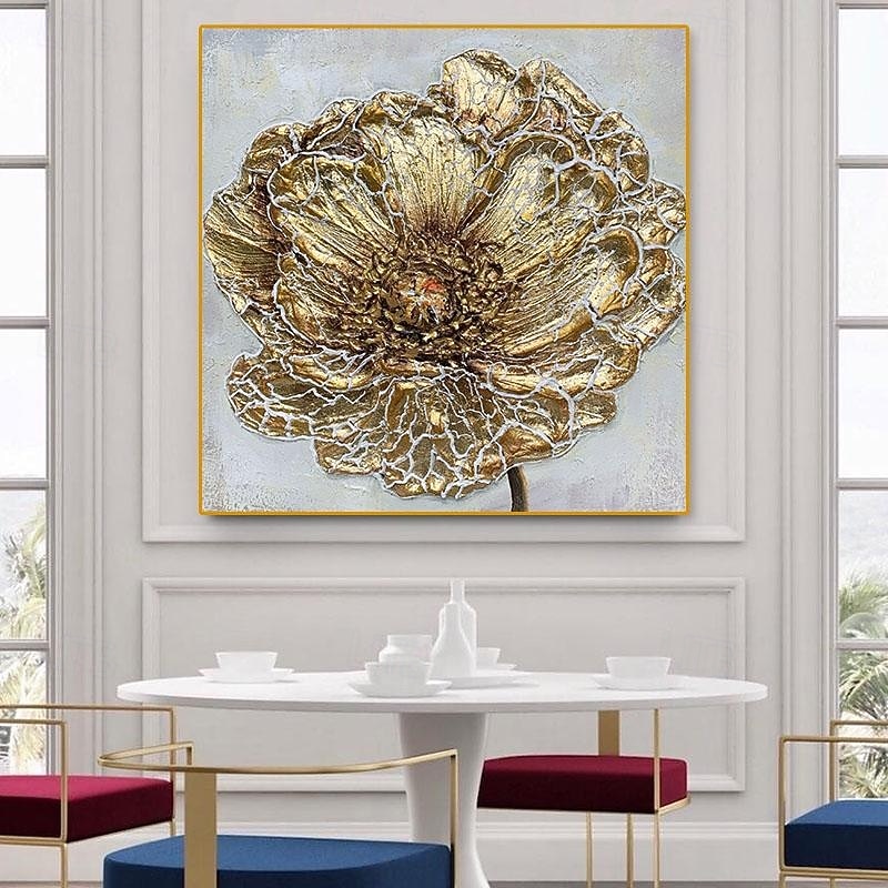 Large Gold Floral Canvas Wall Art Hand Paintings Textured Wall Art, Contemporary Minimalist Wall Art Living Room Bedroom Ready to Hang2