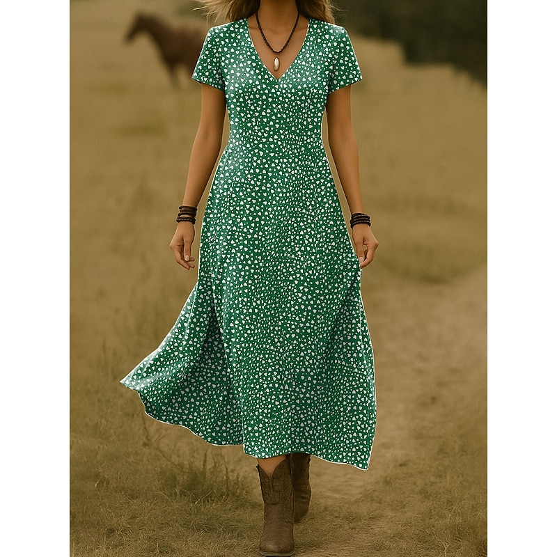 Women's Maxi Dress Casual Dress A Line Dress Summer Dress Elegant Vacation Casual Beach Regular Fit Floral Graphic Polka Dot Short Sleeve V Neck Red Blue Brown Green Summer Spring