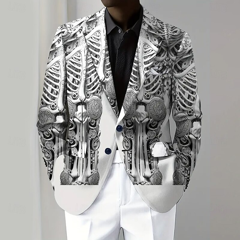 Halloween Men's Coat Blazer Outdoor Street Festival Casual Daily Modern All Seasons 100% Polyester Skeleton 3D Print Buttons Comfortable Single Breasted Blazer Brown Gray