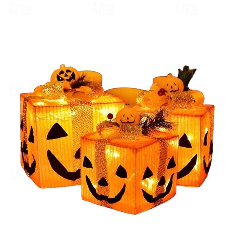 1 Set of 3 Pcs 15.5/20.5/25.5CM Halloween pumpkin face glowing gift box decoration light indoor and outdoor party atmosphere light AAA battery box4