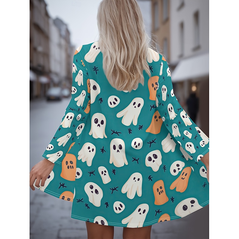 Halloween Women's Coat Lightweight Comfortable Pumpkin Print Open Front Vintage Artistic Casual Skull Casual Regular Collarless Regular Fit Long Sleeve Outerwear Black Blue Orange Spring Fall3