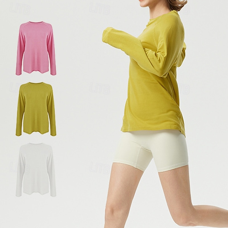 Women's Activewear Crew Neck Breathable Long Sleeve Sports Solid Color Top For Gym Athletic Sports Loose Fit Activewear