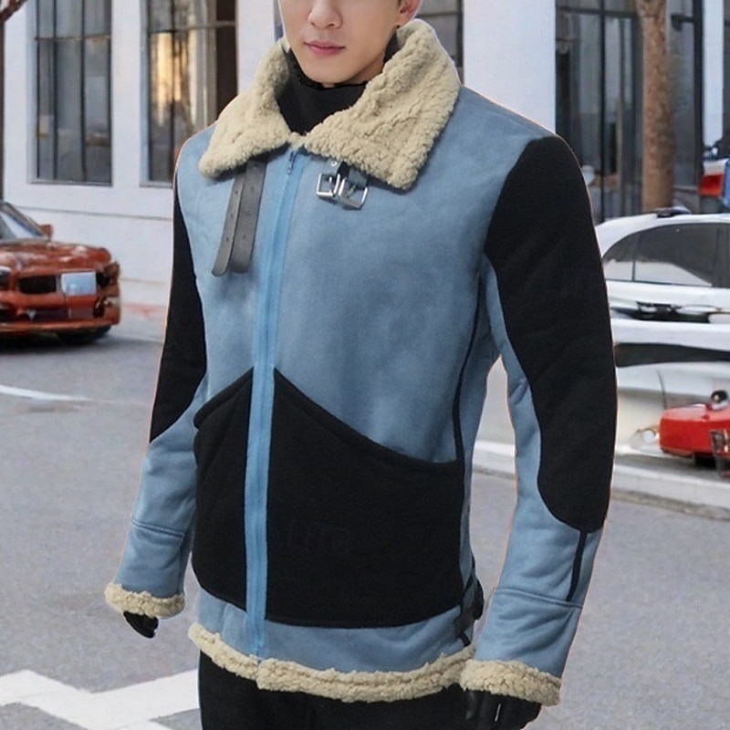 Men's Winter Jacket Sherpa Jacket Vacation Daily Thermal Warm Pocket Fleece Winter Color Block Fashion Streetwear Lapel Regular Blue Gray Jacket4