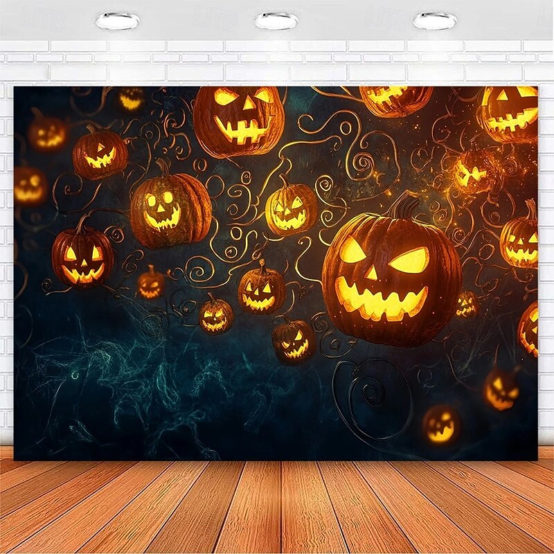 Halloween Wall Tapestry Backdrop – Glowing Jack-o'-Lantern Pumpkins Floating in Dark Spooky Night Sky with Swirling Vines, Creepy Party Wall Hanging Decoration