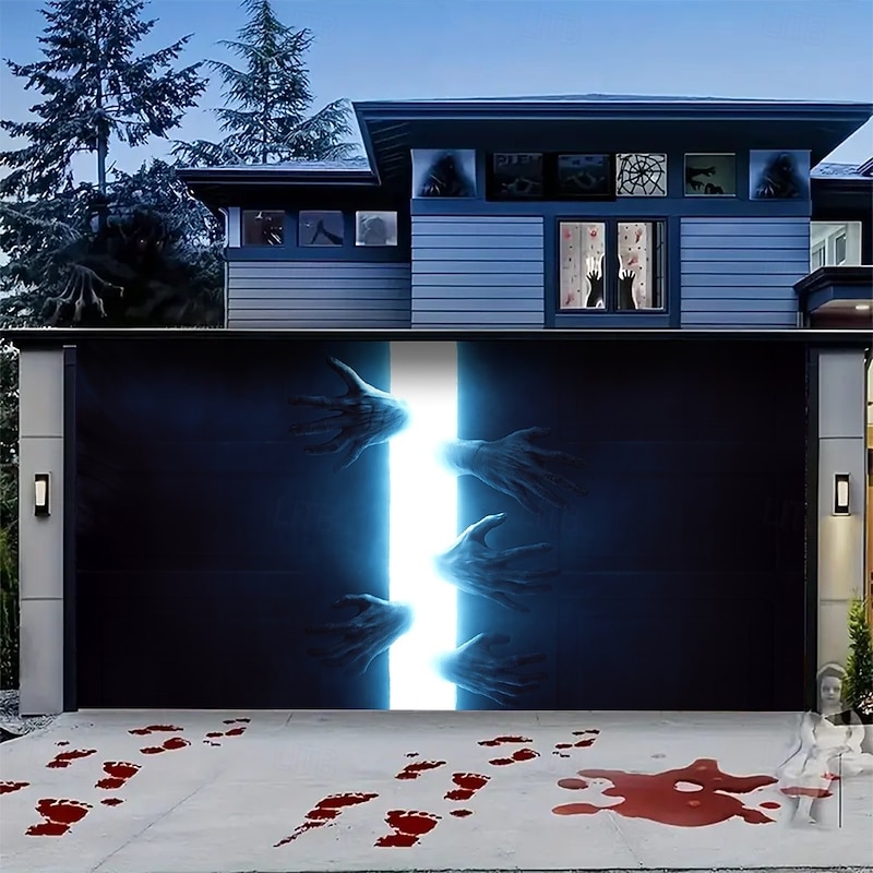 Halloween Outdoor Garage Door Cover Creepy Hands Breaking Through the Garage Door Banner Large Tapestry Backdrop Decoration for Holiday 2025 Halloween Zombie Containment Unit Garage Door Decorations2