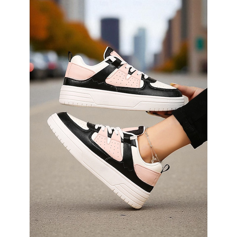 Women's Pink and Black Colorblock Lace-Up Sneakers - Comfortable Faux Leather Platform Walking Shoes for Casual Outfits, Street Style and Autumn Travel4