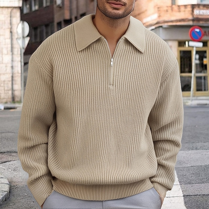 Men's Pullover Sweater Jumper Quarter Zip Sweaters Knit Sweater Ribbed Knit Regular Tops Knitted Plain Half Zip Fashion Casual Vacation Daily Wear Clothing Apparel Fall Winter Black Khaki M L XL