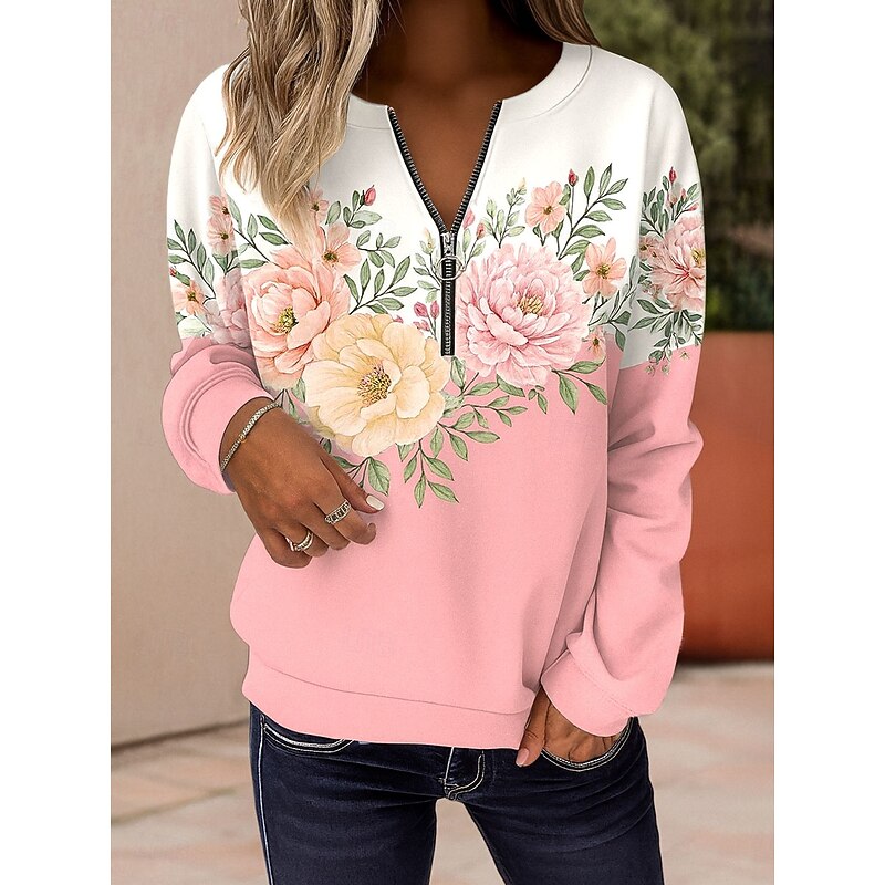 Women's Pullover Sweatshirt Zip Up Sweatshirts Floral Graphic Fashion Casual Long Sleeve Crew Neck Regular Tops Street Dailywear Zipper Print Pink Blue Purple Green Spring Fall Winter