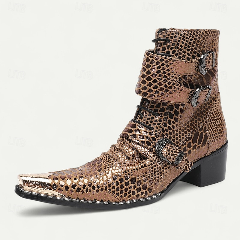 Men's Brown Snakeskin Ankle Boots with Rivet Details – Exotic Western-Inspired Cowhide Boots for Stage Performances, Parties and Fashion Shows4