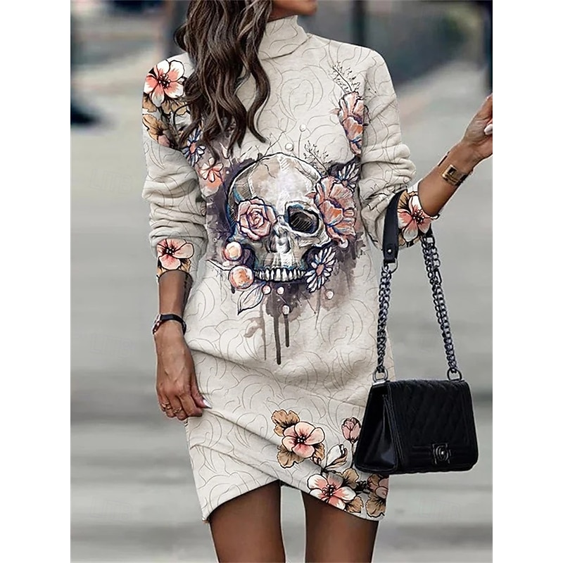 Halloween Women's Sweatshirt Dress Skulls Print Mini Dress Wrap Dress Party Boho Semi Formal Formal Outdoor Home  Floral Graphic Skull Long Sleeve Turtleneck Black Apricot Spring Fall Winter