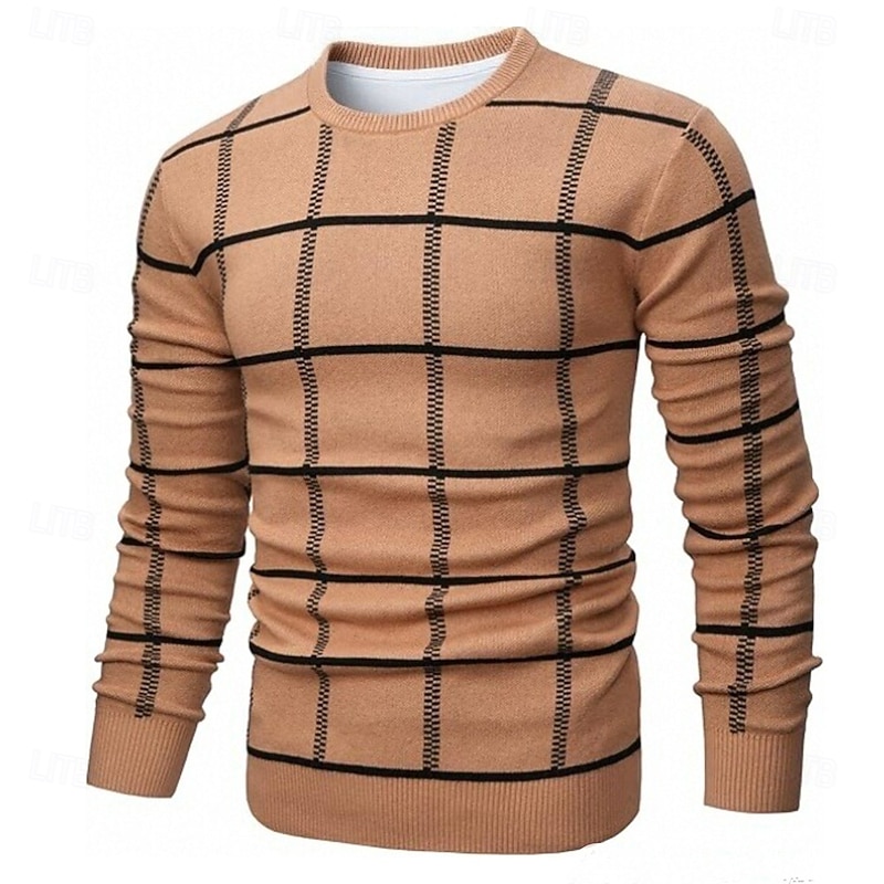 Men's Color Block Checkered Pullover Sweater Jumper Knitwear Crewneck Casual Vacation Daily 3D Print Keep Warm Long Sleeve Spring Fall Winter Navy Blue Blue Brown2