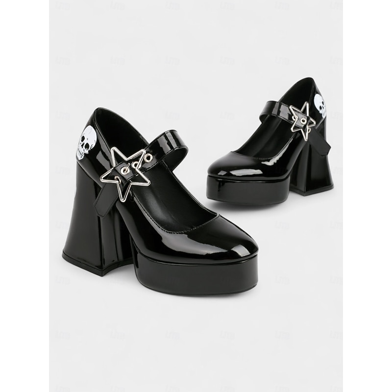 Women's Black Platform Mary Jane Heels with Skull Print and Star Buckle – Gothic Halloween Costume Shoes for Punk Fashion, Cosplay and Themed Events
