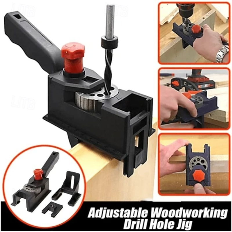 Dowel Drill Guide Woodworking Hole Drilling Positioning Jig Tool DIY Woodworking 3 to 12mm Drill Bit Stop Collar Set Precision Alignment Clamp Fixture
