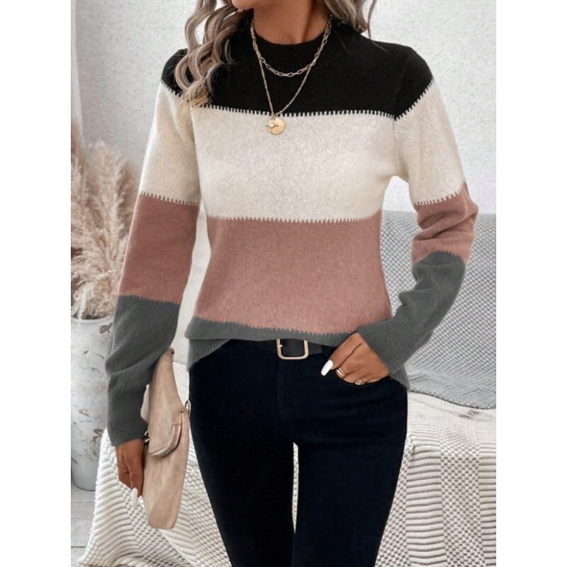 Women's Sweater Casual Soft Striped Ribbed Crew Neck Patchwork Knitted Long Sleeve Regular Tops Knit Outdoor Daily Weekend Pink Camel Fall Winter4