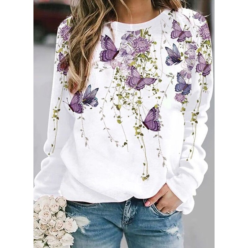 Women's Sweatshirts Graphic Butterfly Warm Classic Casual Long Sleeve Crew Neck Round Neck Regular Tops Home Street Dailywear Print White Spring Fall Winter