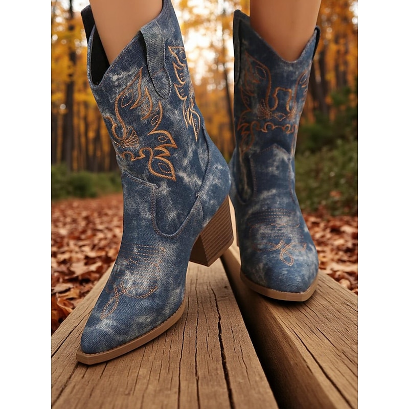 Women's Denim Embroidered Western Cowboy Boots - Vintage Blue Jean Fabric Mid-Calf Boots with Chunky Heel for Urban Fashion and Casual Streetwear Outfits4