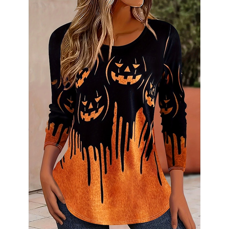 Halloween Women's T shirt Pumpkin Ombre Graphic Vintage Stylish Classic Long Sleeve Crew Neck Regular Tops Daily Print Orange Fall Winter