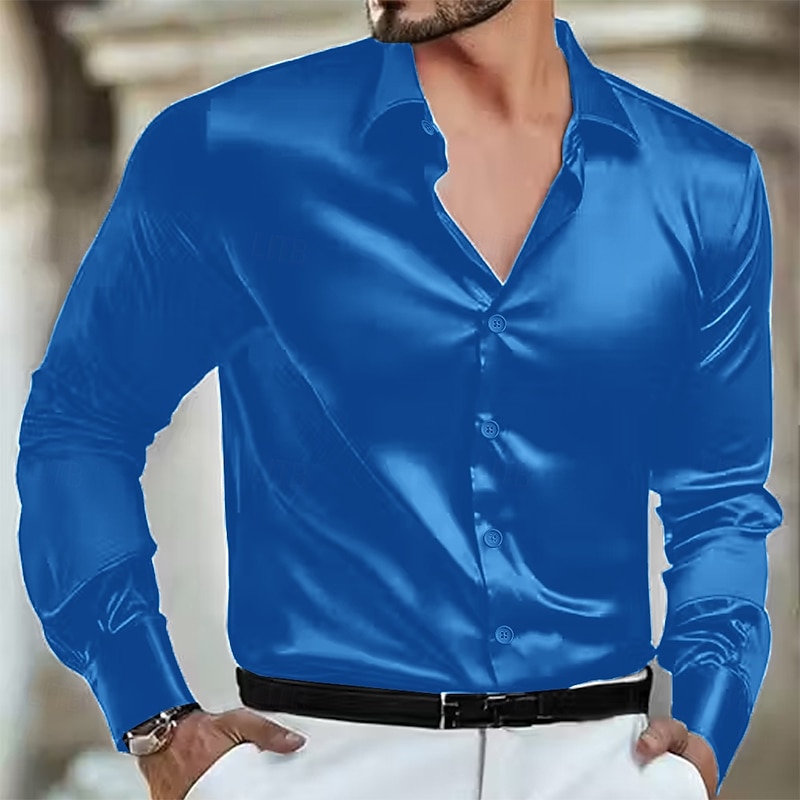 Men's Shirt Silk Like Satin Shirt Dress Shirt Button Up Shirt Plain Formal Wedding Black White Wine Blue Long Sleeve Lapel Spring &  Fall All Seasons Clothing Apparel4