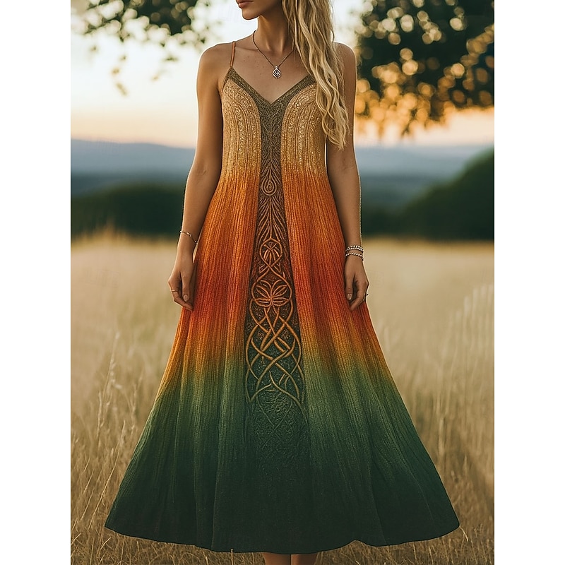 Women's Maxi Dress Sundress A Line Dress Slip Dress Vacation Casual Beach Regular Fit Ombre Graphic Ethnic Sleeveless V Neck Spaghetti Strap Blue Purple Orange Green Summer Spring Fall