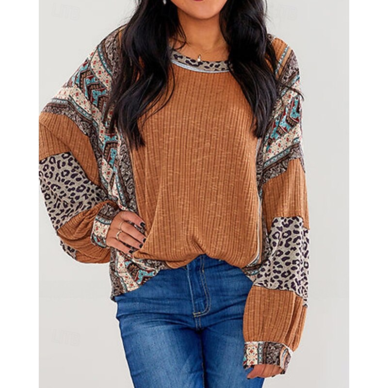 Women's Texture Sweatshirt Pullover Sweatshirt Sweatshirts Leopard Color Block Streetwear Casual Long Sleeve Crew Neck Regular Tops Street Holiday Going out Patchwork Wine Brown Fall Winter3