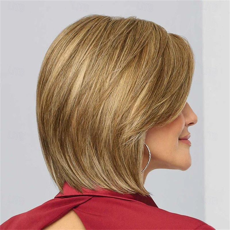 Women’s Short Bob Wig Blonde with Brown Highlights Natural Looking Realistic Synthetic Hair Heat Resistant Side Part Elegant Daily Wear Fashion Style3