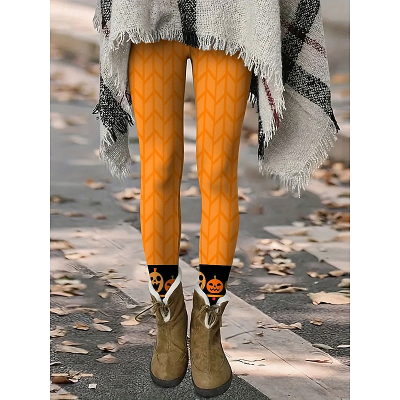 Women's Leggings Vacation Vintage Fashion Full Length High WaistPantsHalloween Graphic Animal Pumpkin Printing Thermal Warm Soft Breathable Stretchy Formal Outdoor Vacation Black Yellow Orange Spring2