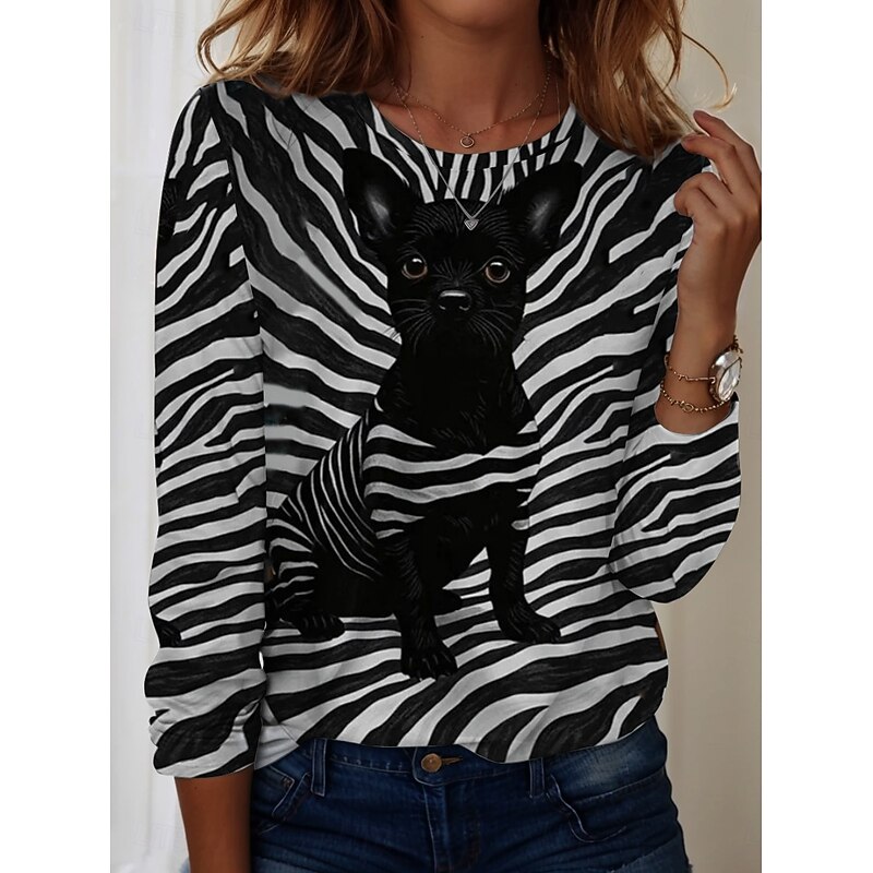 Women's T shirt Long Sleeve Crew Neck Long Sleeve Tunic Graphic Animal Vintage Stylish Modern Round Neck Regular Tops Daily Print White / Black Black and gray Black Fuchsia Orange Fall Prefall4