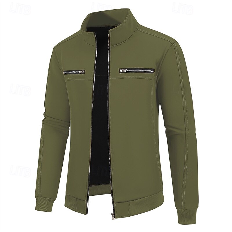 Men's Casual Jacket Chore Jacket Vacation Daily Windproof Warm Pocket Fall Winter Plain Fashion Classic Stand Collar Regular Khaki Army Green Dark Blue Jacket3