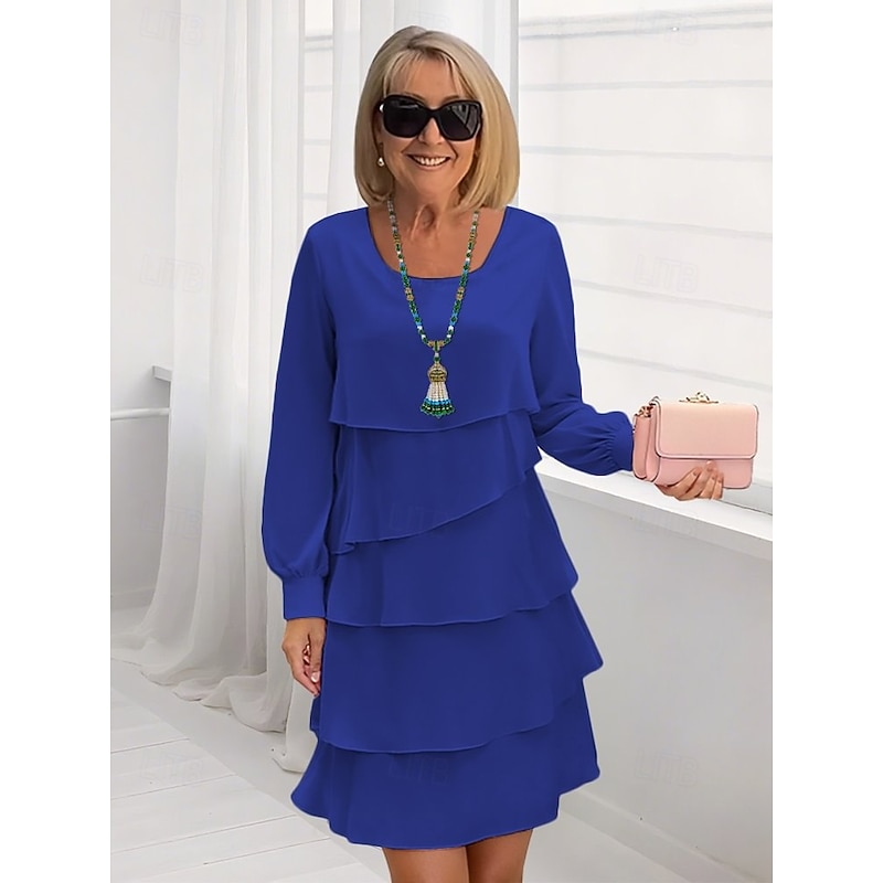 Women's Midi Dress Tiered Dress Elegant Going out Regular Fit Pure Color Long Sleeve Crew Neck Black Pink Red Blue Fall2