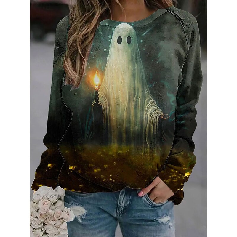 Halloween Women's Pullover Ghost Graphic Casual Long Sleeve Crew Neck Regular Tops Casual Black Brown Green Gray Fall3
