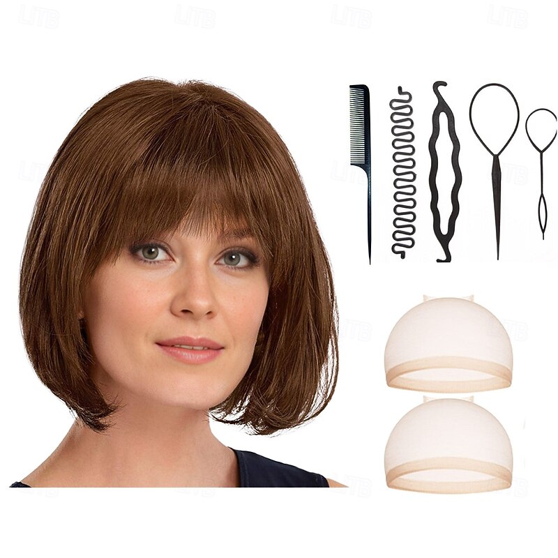 Bob Wig with Natural Looking Crown and Flirty Bangs/Multi-tonal Shades of Blonde Silver Brown and Red With 2PCS HD Wig Cap and Hairdressing Tool Set2