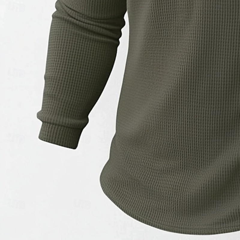 Men's Waffle Knit Polo Shirt Business Casual Lapel Classic Long Sleeve Fashion Basic Color Block Pocket Color Block Fall Winter Regular Fit Brown Navy Blue Dark Green Waffle Knit Polo Shirt3