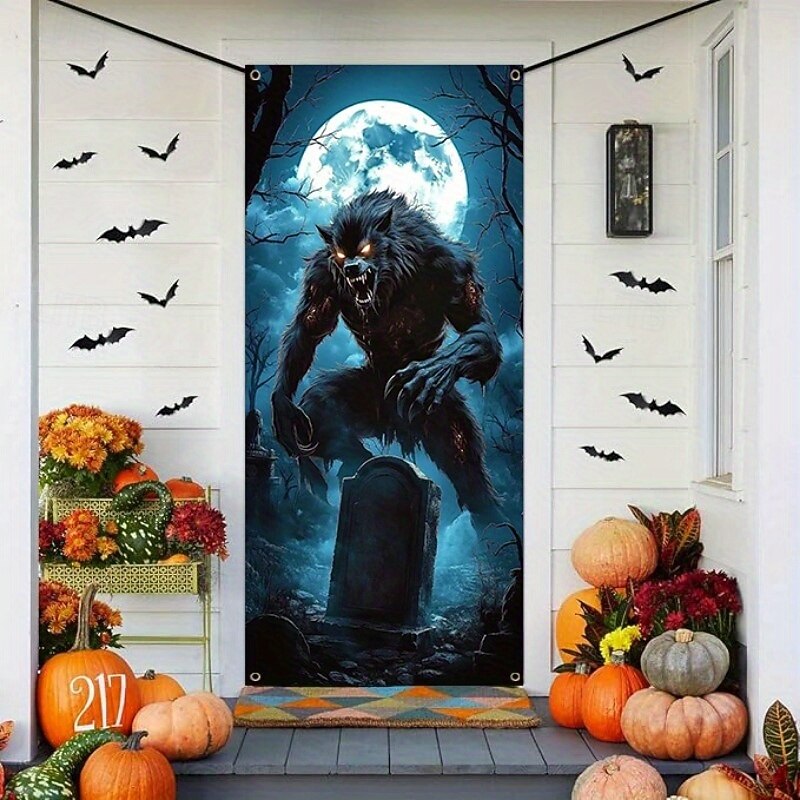 Halloween Werewolf Skeleton Door Cover, Scary Outdoor or Indoor Door Decoration for Haunted House, Party, or Home