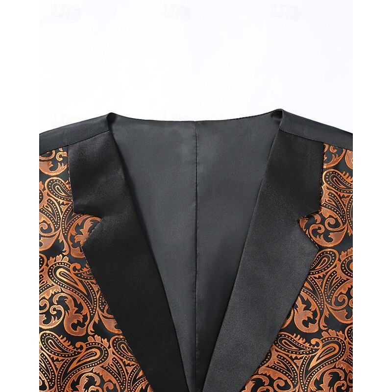 Men's Vest Waistcoat Gilet Vacation Party Business Fashion Casual Spring Fall Pocket Buttons Polyester Comfortable Paisley Single Breasted One-button Peaked Lapel Regular Fit Light Brown Vest4