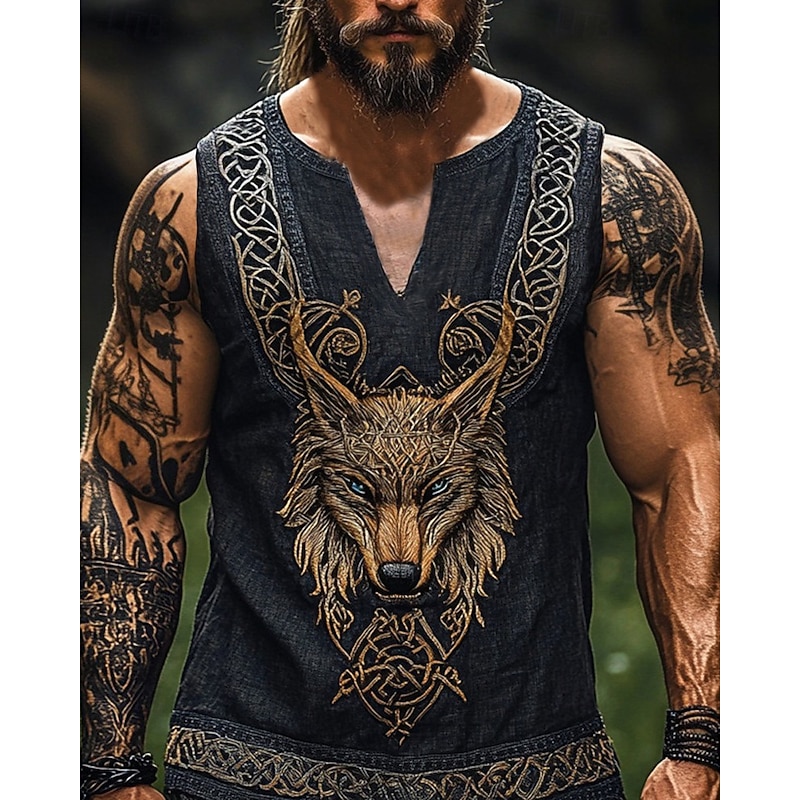 Men's Tank Top Vest Top Undershirt Sleeveless Shirt Sleeveless V Neck Summer Wolf Vintage Designer Basic Print Vacation Street Going out Black Blue Top Tee for Men2