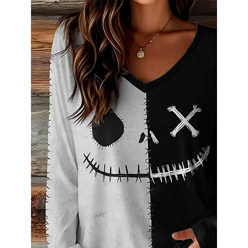 Halloween Women's T shirt Monster Graphic Skull Pumpkin Vintage Stylish Casual Long Sleeve V Neck Regular Tops Daily Weekend Print Black Spring Fall Winter2