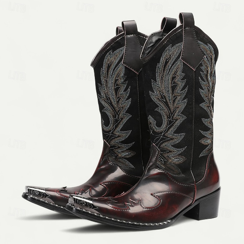 Men's Burgundy and Black Western Boots – Classic Two-Tone Cowboy Boots with Embroidery for Ranch Wear, Rodeos and Country Weddings3