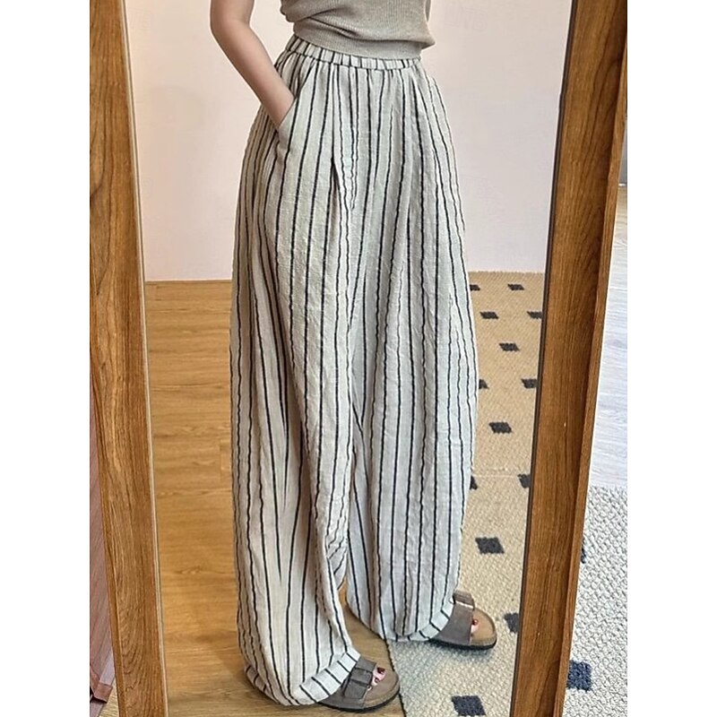 Women's Linen Blend Culottes Wide Leg Vacation Vintage Ethnic Style Full Length Mid Waist Striped Stripe Comfortable Breathable Inelastic Vacation Home Daily Beige Grey Summer Spring Fall Loose Fit