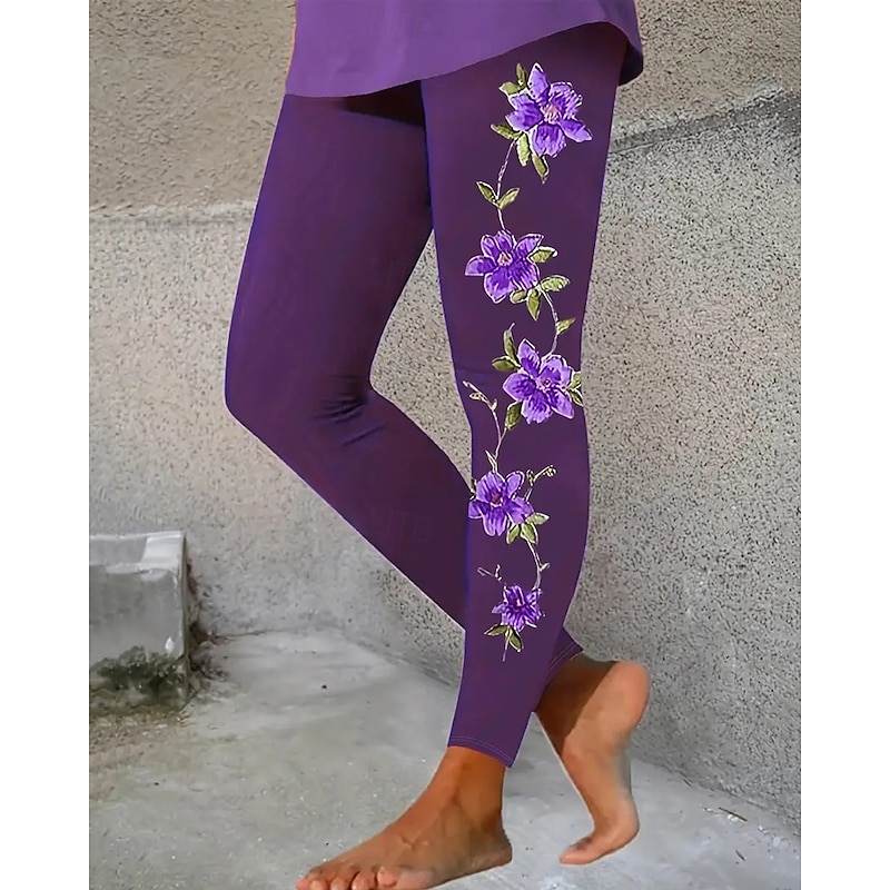 Women's Pants Trousers Leggings Cozy Leggings Streetwear Casual Full Length High Waist Floral Elastic Waist Print Breathability Comfortable Stretchy Vacation Street Daily Wear Purple Spring Fall