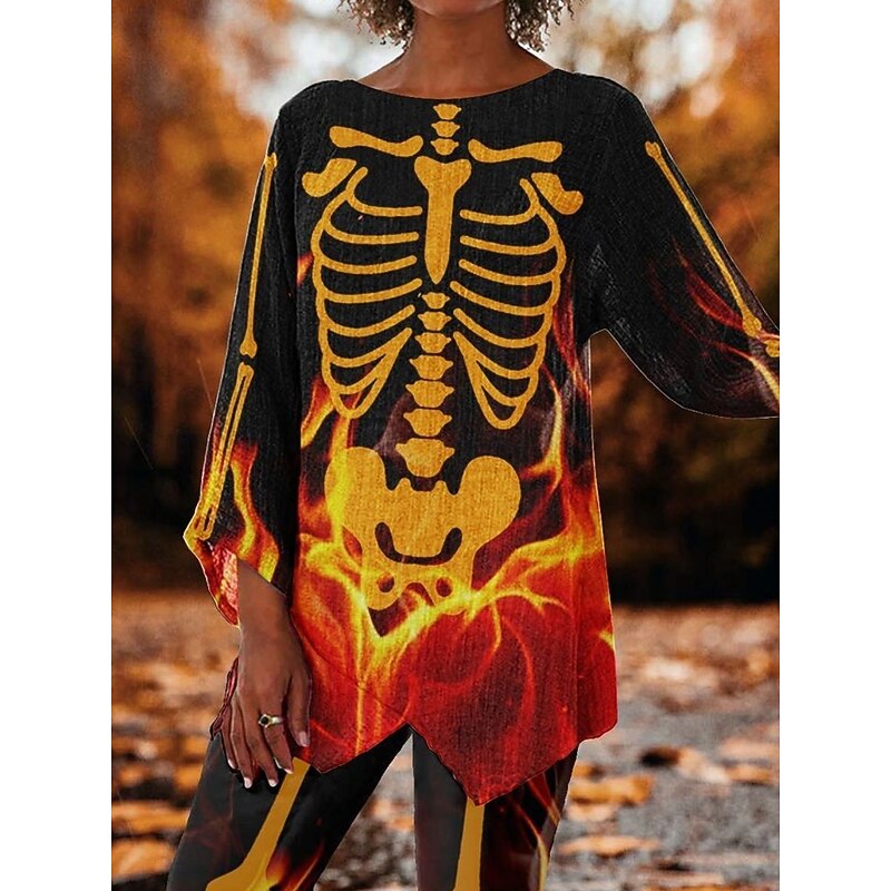 Halloween Women's Blouse Skulls Graphic Vintage Stylish Casual 3/4 Length Sleeve Crew Neck Regular Tops Daily Print White Yellow Pink Blue Orange Spring Fall