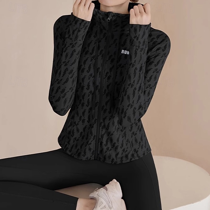 Women's Workout Jacket Breathable Drawstring Long Sleeve Sports Solid Color Top For Gym Zumba Running Slim Activewear