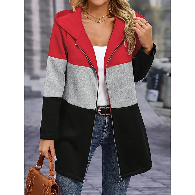 Women's Hoodie Jacket Comfortable Breathable Patchwork Zipper Pocket Casual Stripe Vacation Street Casual Daily Wear Zipper Regular Hooded Loose Fit Long Sleeve Outerwear White Pink Red Spring Fall2